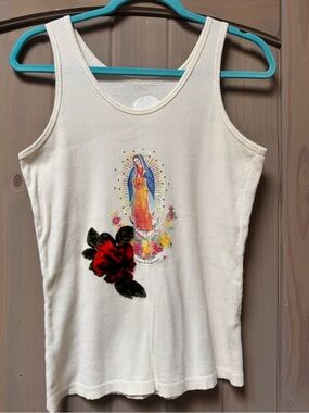 Double D Ranch Cream Tank Top with Colorful Religious Graphic and Red Rose